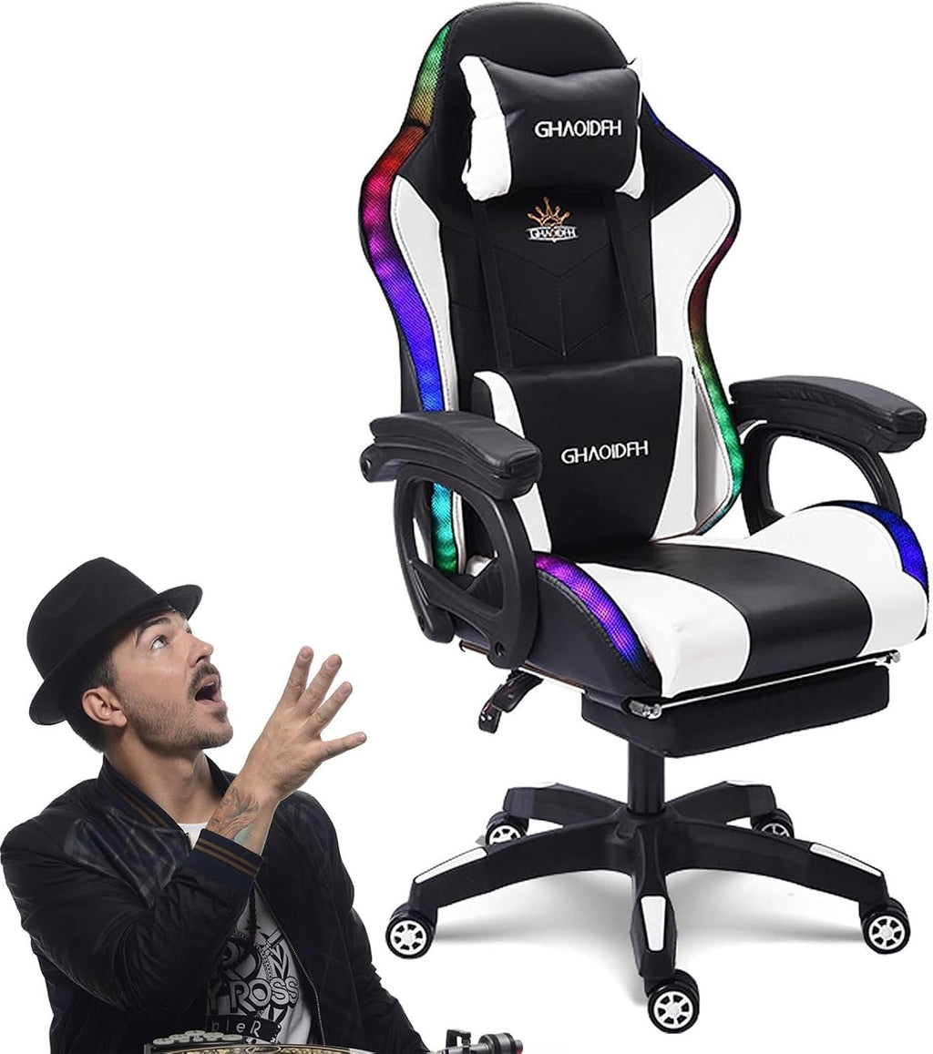 Gaming Chair with Bluetooth Speakers,Computer Chair Massage with LED Lights,Ergonomic Game Chair,Computer Stool with Footrest and Lumbar Support Height Adjustable with 360°-Swivel Seat (White)