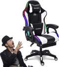 Gaming Chair with Bluetooth Speakers,Computer Chair Massage with LED Lights,Ergonomic Game Chair,Computer Stool with Footrest and Lumbar Support Height Adjustable with 360°-Swivel Seat (White)