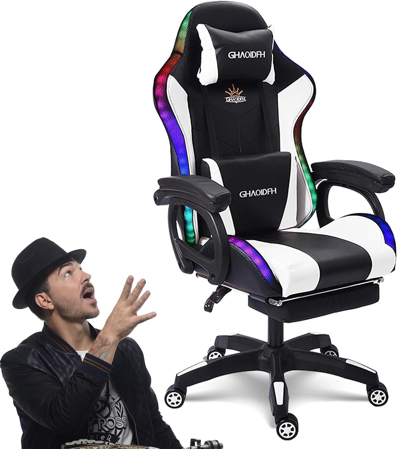 Gaming Chair with Bluetooth Speakers,Computer Chair Massage with LED Lights,Ergonomic Game Chair,Computer Stool with Footrest and Lumbar Support Height Adjustable with 360°-Swivel Seat (White)