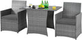 HAPPYGRILL 3 Piece Patio Furniture Set, Outdoor PE Rattan Wicker Bistro Set with Washable Cushions & Tempered Glass Table, for Backyard Porch Garden Balcony Poolside