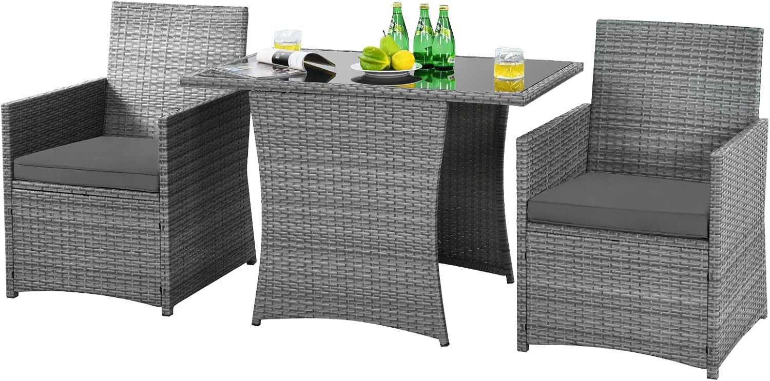 HAPPYGRILL 3 Piece Patio Furniture Set, Outdoor PE Rattan Wicker Bistro Set with Washable Cushions & Tempered Glass Table, for Backyard Porch Garden Balcony Poolside
