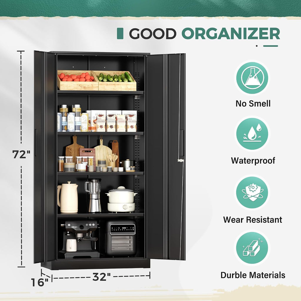 Greenvelly Metal Storage Cabinet with Lock,71' Metal Garage Cabinet with 2 Doors and 4 Adjustable Shelves,Lockable Storage Organization, Steel Tool Cabinets for Office,Home,Garage,Gym,School (Black)