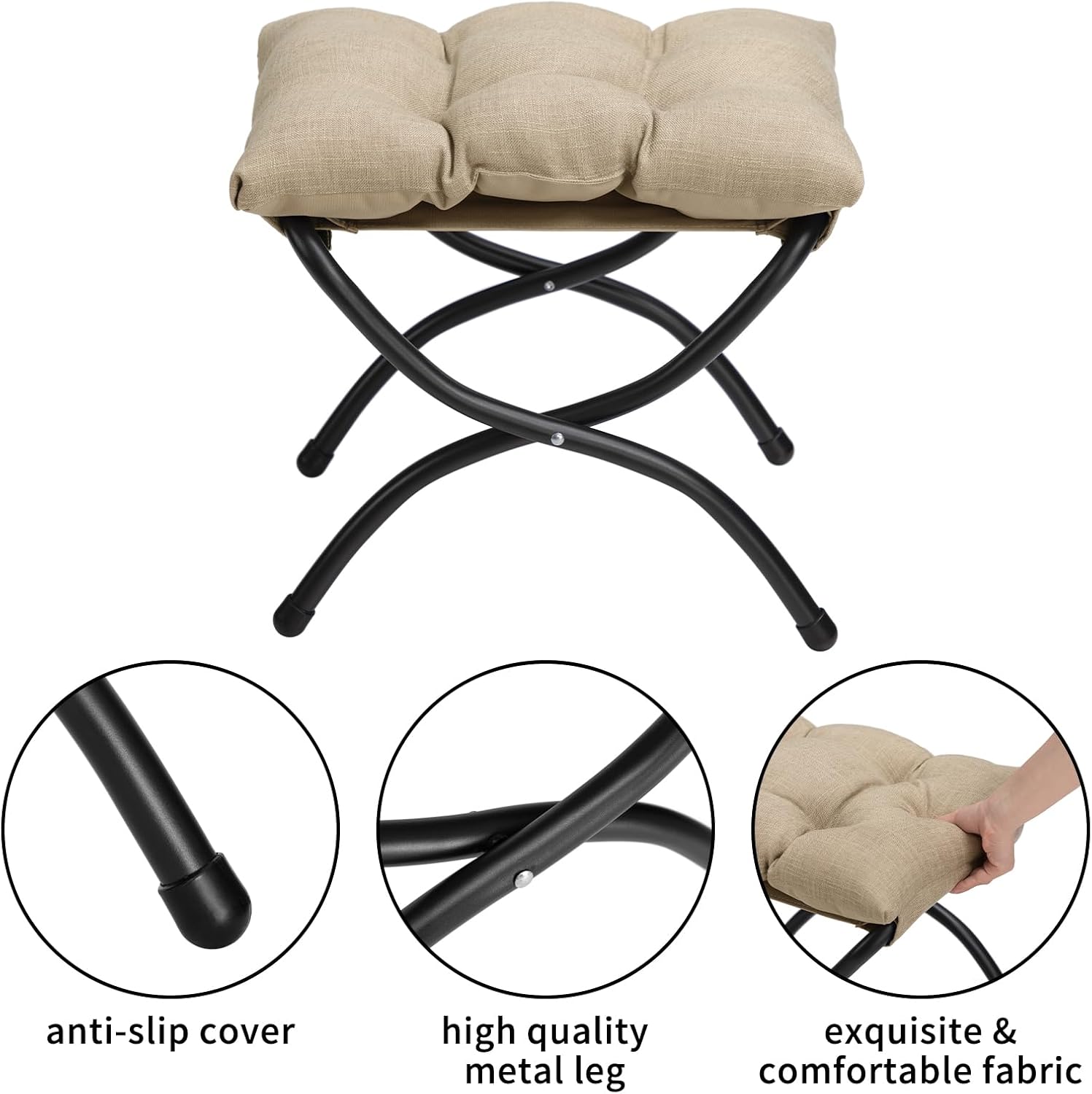 HollyHOME Lazy Chair with Foldable Ottoman, Accent Comfy Lounge Armchair and Folding Footrest Stool, Leisure Sofa Reading Chair and Footstool for Living Room, Bedroom, Dorm,Cotton-Linen Tan