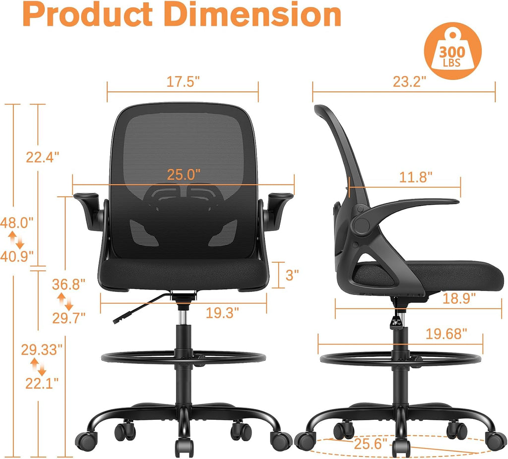 ORRSAKER Drafting Chair Tall Office Chair for Standing Desk, Breathable Mesh Ergonomic Computer Desk Chair with Flip-Up Armrests, Adjustable Lumbar Support and Footrest Ring,300 LBS，Black