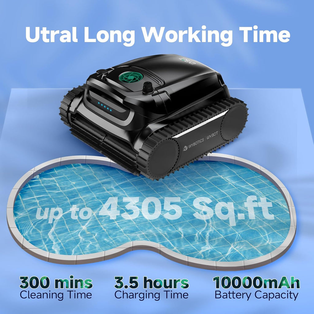 WYBOT M1 Robotic Pool Vacuum Cleaner, 7 Modes & 6 Paths, Dual Filtration, App Control, 120W Brushless Motor, 10,000mAh Battery, 300mins Runtime, Covers 4,305 Sq.Ft, Black&Green