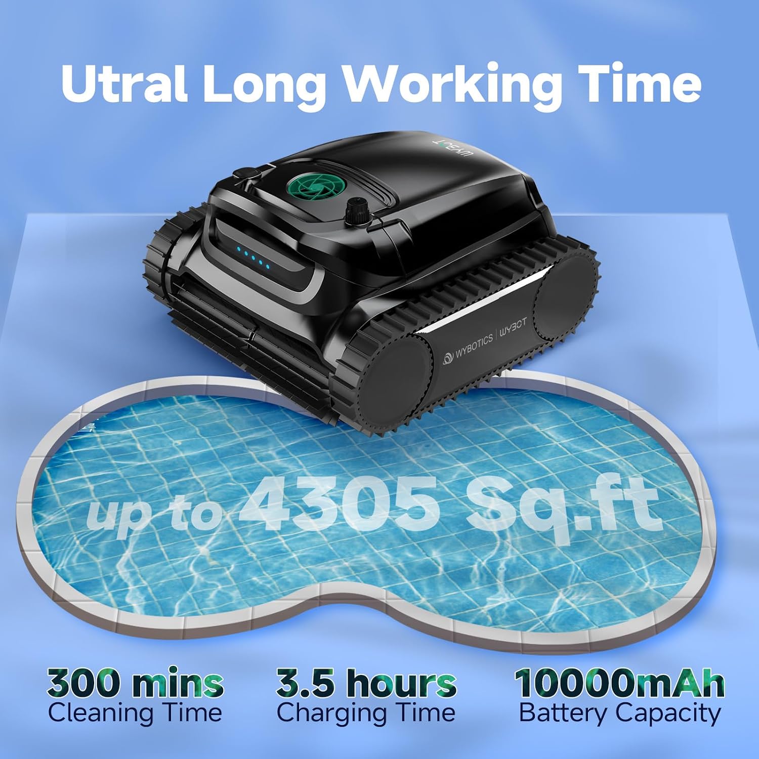 WYBOT M1 Robotic Pool Vacuum Cleaner, 7 Modes & 6 Paths, Dual Filtration, App Control, 120W Brushless Motor, 10,000mAh Battery, 300mins Runtime, Covers 4,305 Sq.Ft, Black&Green