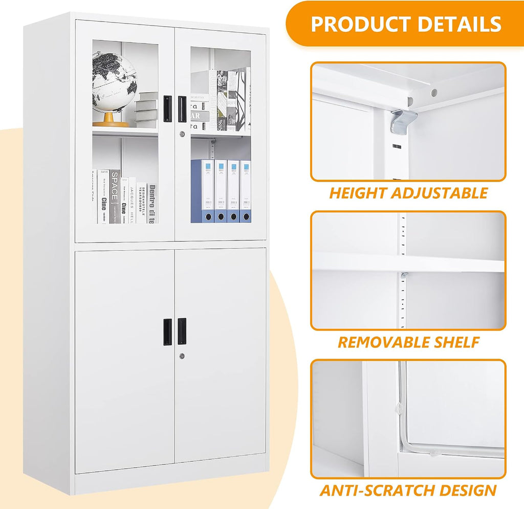 STANI Metal Storage Cabinet, Locking Steel Cabinet with Shelves, Tall Metal Utility 2 Doors, Lockable Steel Cabinets for Home Office (4 Doors, White)