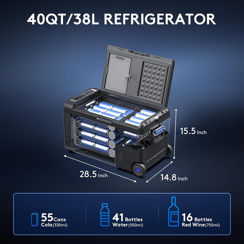BODEGACOOLER 12 Volt Car Refrigerator, Portable Freezer WIFI APP Control, 40Quart (38L) Car Fridge -4℉-68℉, Electric Cooler 12/24V DC 100-240V AC for Outdoor, Truck, RV, Vehicles, Camping, Travel