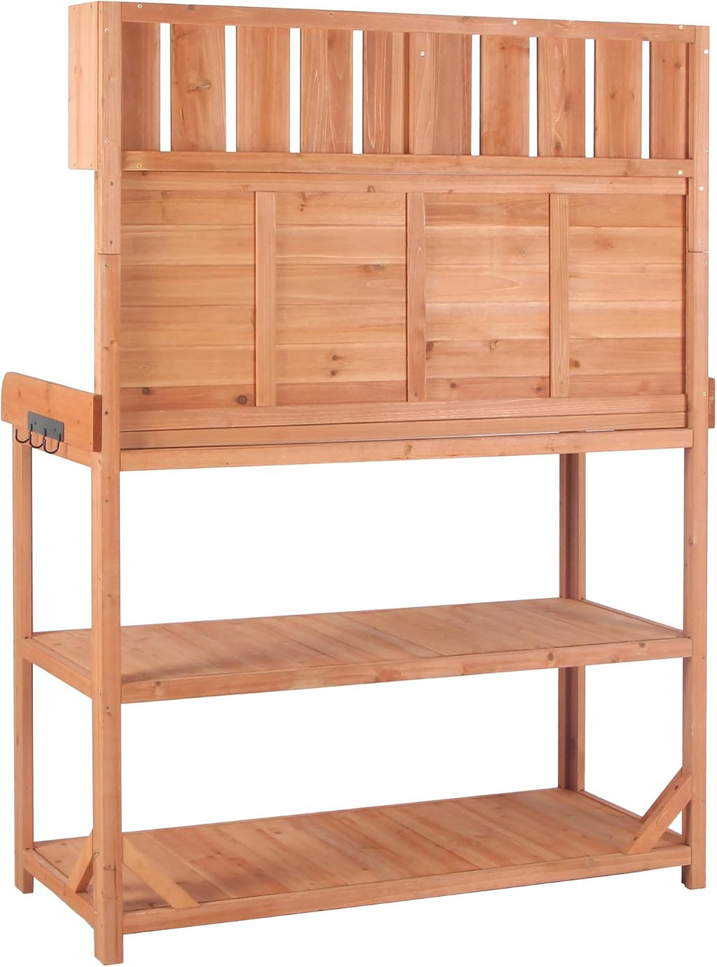 65' Large Outdoor Farmhouse Wooden Potting Bench Table, Patio Workstation with 4 Storage Shelves and Side Hook for Backyard, Mudroom Garden (Natural#3, 65')