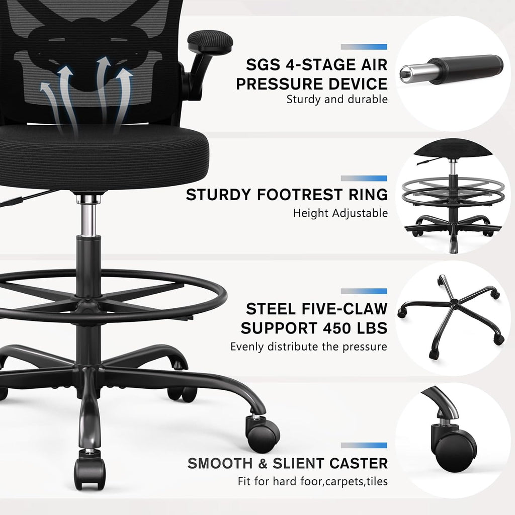 Alolo Drafting Chair,Big and Tall Office Chair with Footrest Ring,Ergonomic Chair for Counter Height and Standing Desk Comfy with Lumbar Support and Flip-up Armrests in Heavy Rolling Base,Black