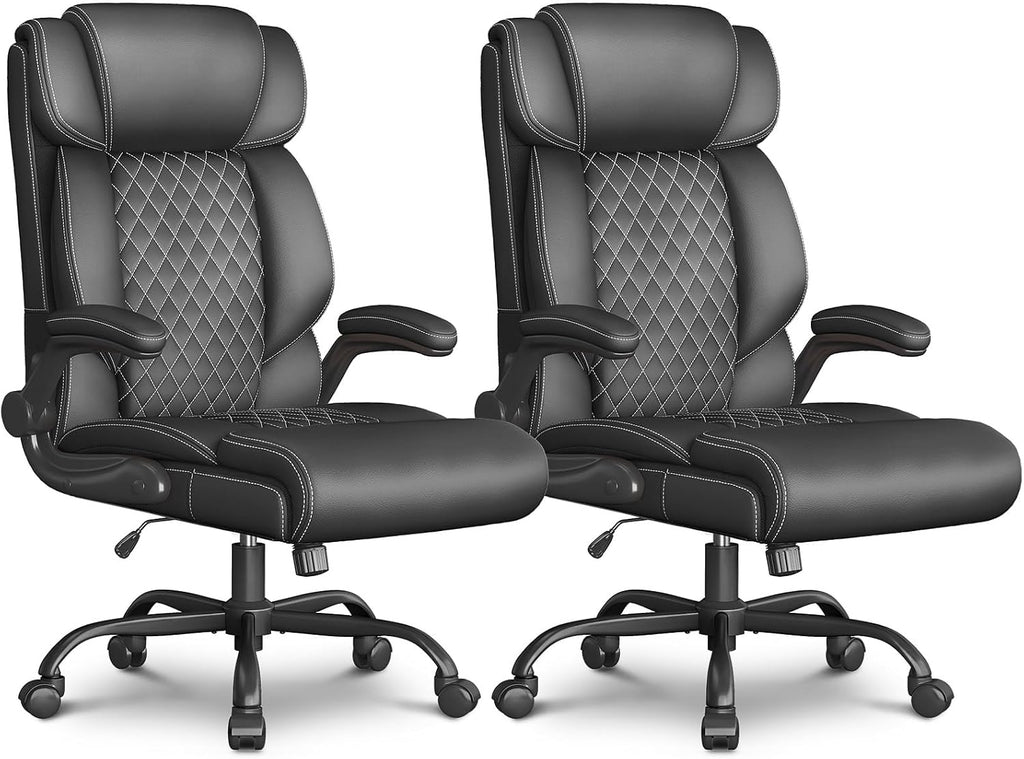 Office Chair-Executive High Back Breathable Comfy Desk Chair with Flip-up Armrests Lumbar Support-Ergonomic Leather Rolling Swivel Chair with Rock Function for Working,2 Pack