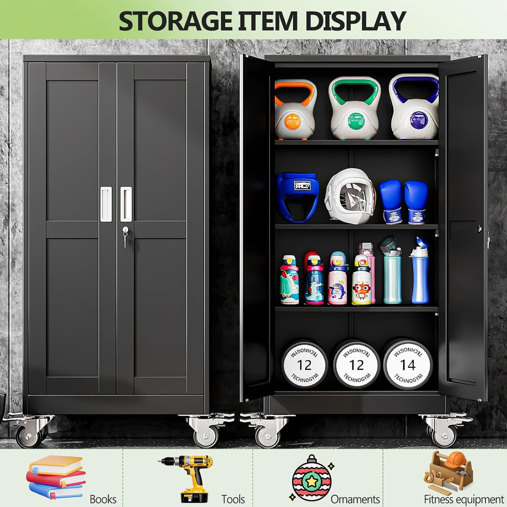 Metal Garage Storage Cabinets and storage system, 61'Tall Rolling utility cabinet with Wheels, Lock, 3 Adjustable Shelves, Heavy Duty Steel Tool Locker for Home Office, Utility Room, Gym,Black