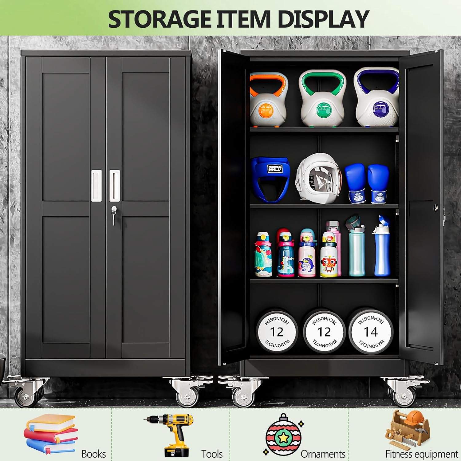 Metal Garage Storage Cabinets and storage system, 61'Tall Rolling utility cabinet with Wheels, Lock, 3 Adjustable Shelves, Heavy Duty Steel Tool Locker for Home Office, Utility Room, Gym,Black