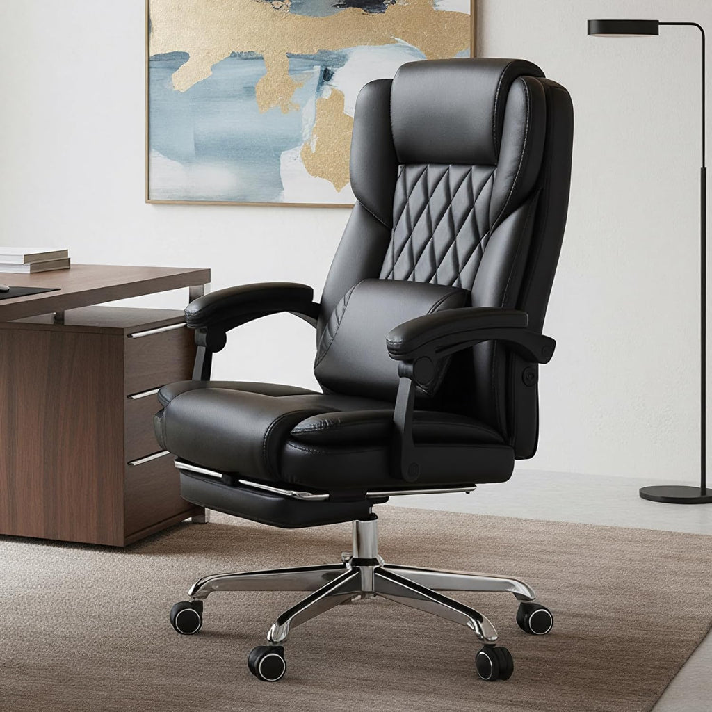 Massage Office Chair with Footrest, High Back Executive Chair, Ergonomic Desk Chair with Removable Pillow, 2 Lumbar Massage Points, Reclining, Leather Computer Chair, Black