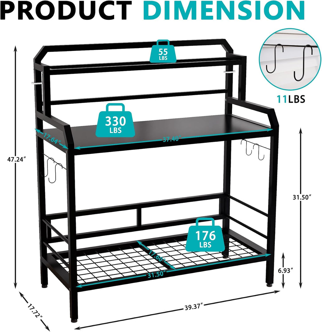 Outdoor Metal Potting Bench Table with Storage,3-Tier Heavy Duty Garden Workbench,All-Weather Gardening Table with 4 Side Hooks,18' D x 39' W x 32' - 47' H,Black