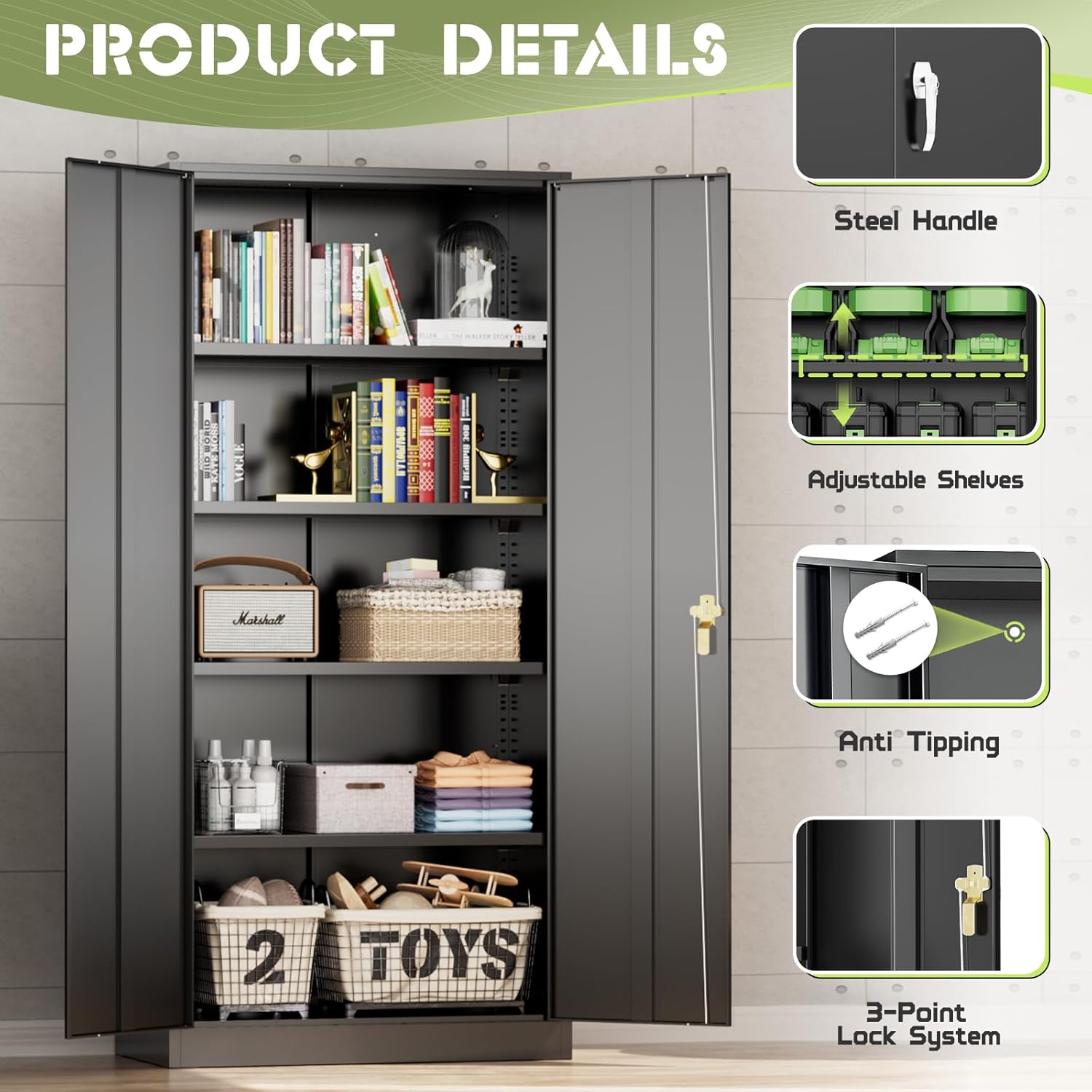 SUNCROWN 72' Metal Storage Cabinet - Heavy-Duty Metal Garage Cabinet with 4 Adjustable Shelves & 2 Doors for Tools, Office, Home, Workshop,Black