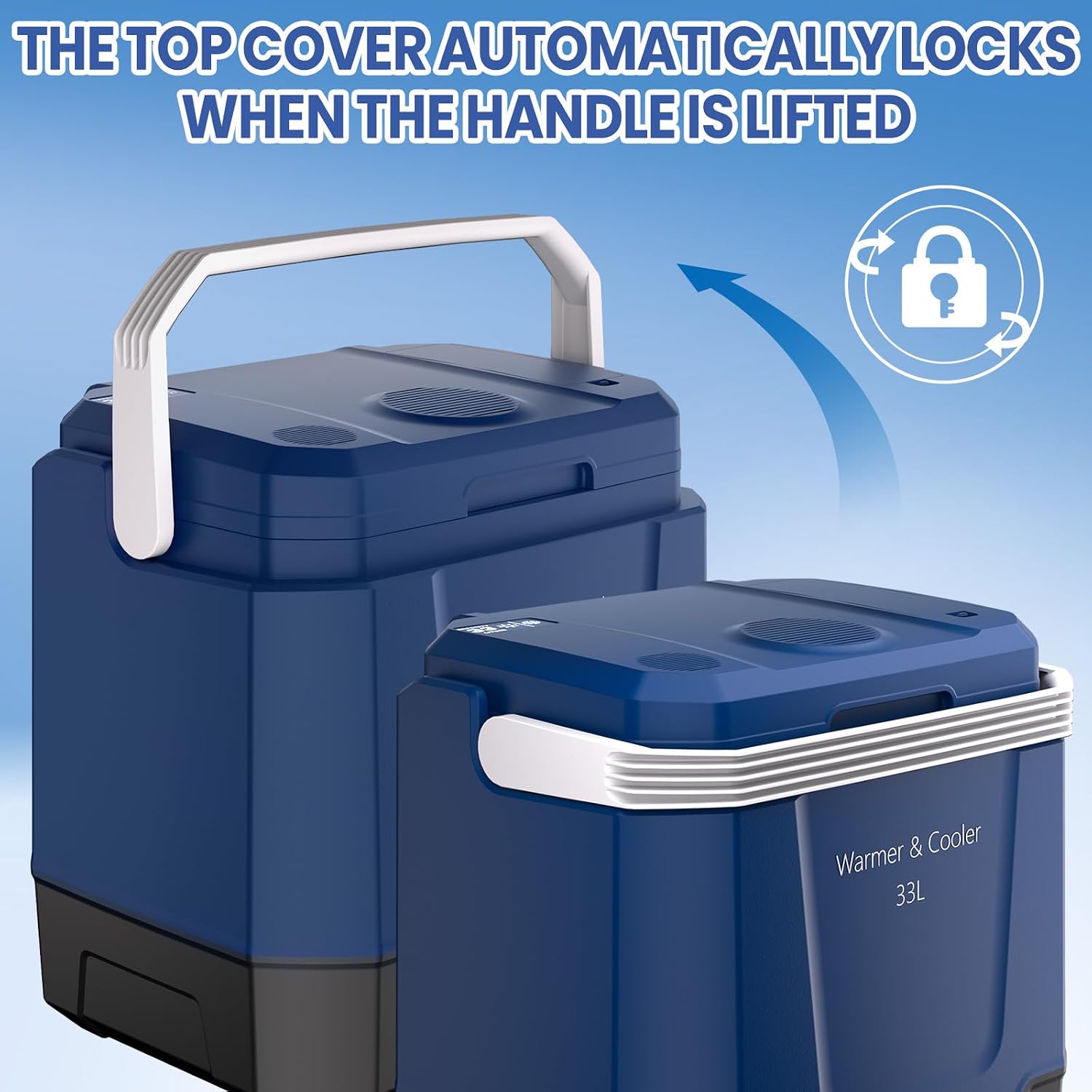 GarveeTech 35 QT (33 L) Electric Cooler & Warmer, Portable Car Refrigerator With Automatic Locking Handle, 12V Car Cooler for Vehicle & Trucks, 110V AC Home Power Cord, Plug In Coolers,Blue