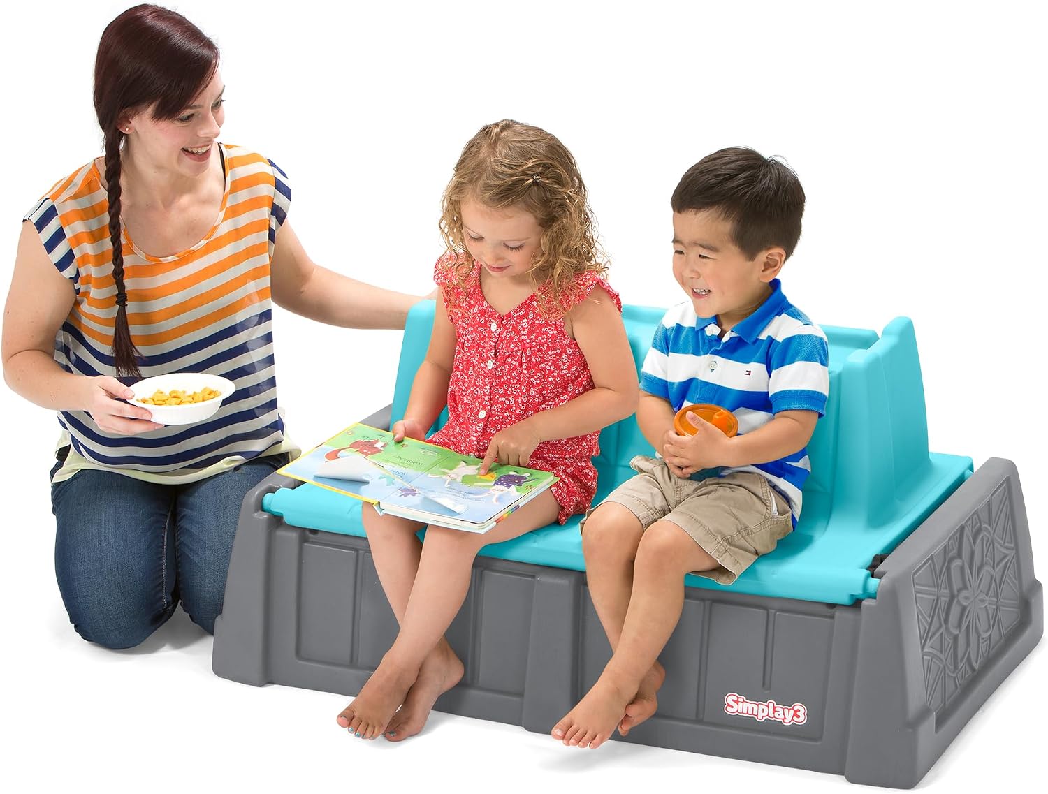 Simplay3 Sand and Water Kids Bench, 2-in-1 Sand and Water Table with Outdoor Storage Bench, Gray and Teal