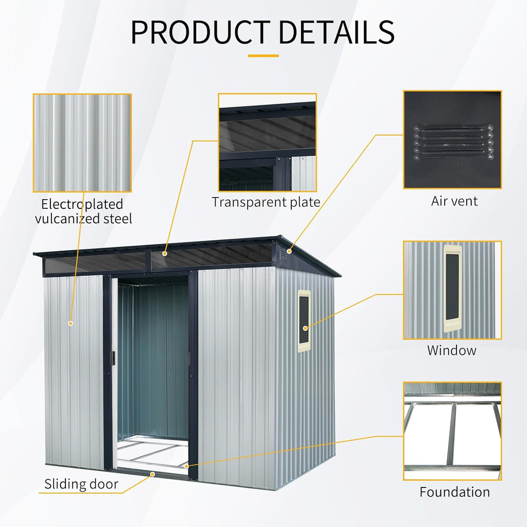 JT 8X6FT Outdoor Storage Shed, Galvanized Metal Garden Shed with Window and Metal Foundation, Tool Storage Shed for Patio Lawn Backyard (White-Black-with The window-8ftx6ft)