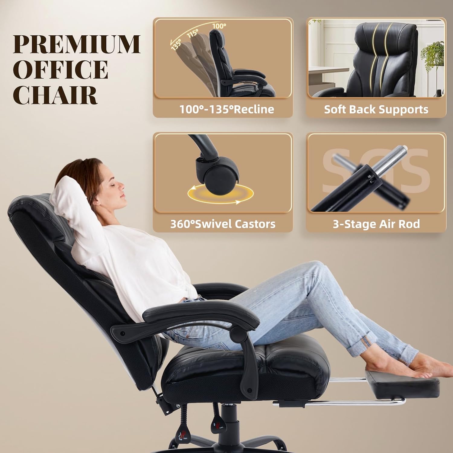 Comfortable Office Desk Chair 500 LBS, Big and Tall Office Chairs with Footrest,90-155°Recline Executive Leather Gaming Chair for Heavy People, Long Hours,Black