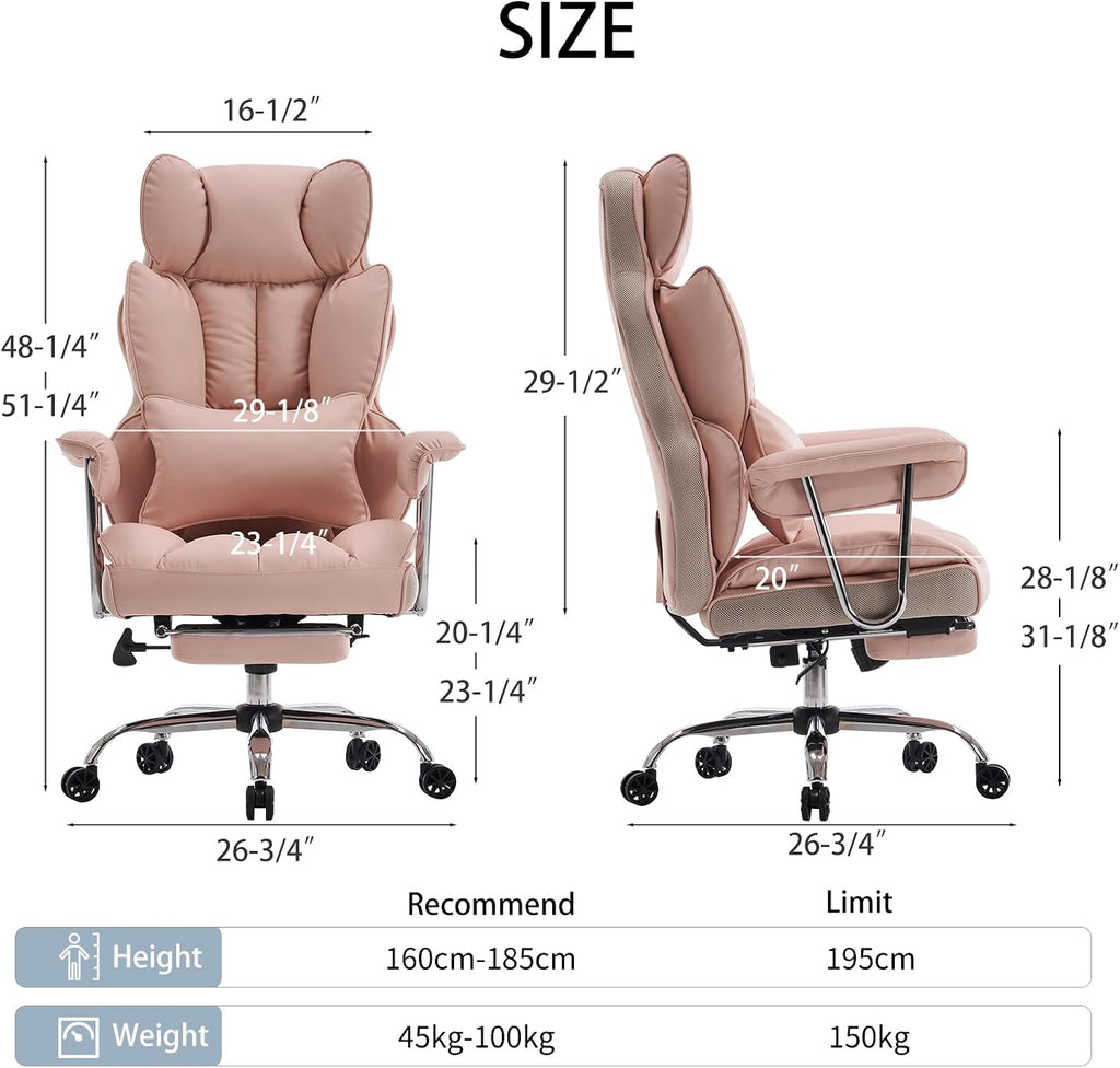 Efomao Big and Tall Office Chair, 400lbs Heavy Duty High Back Executive Chair with 23.6' Extra Wide Seat, PU Leather Desk Chair with Footrest and Padded Armrests, Pink