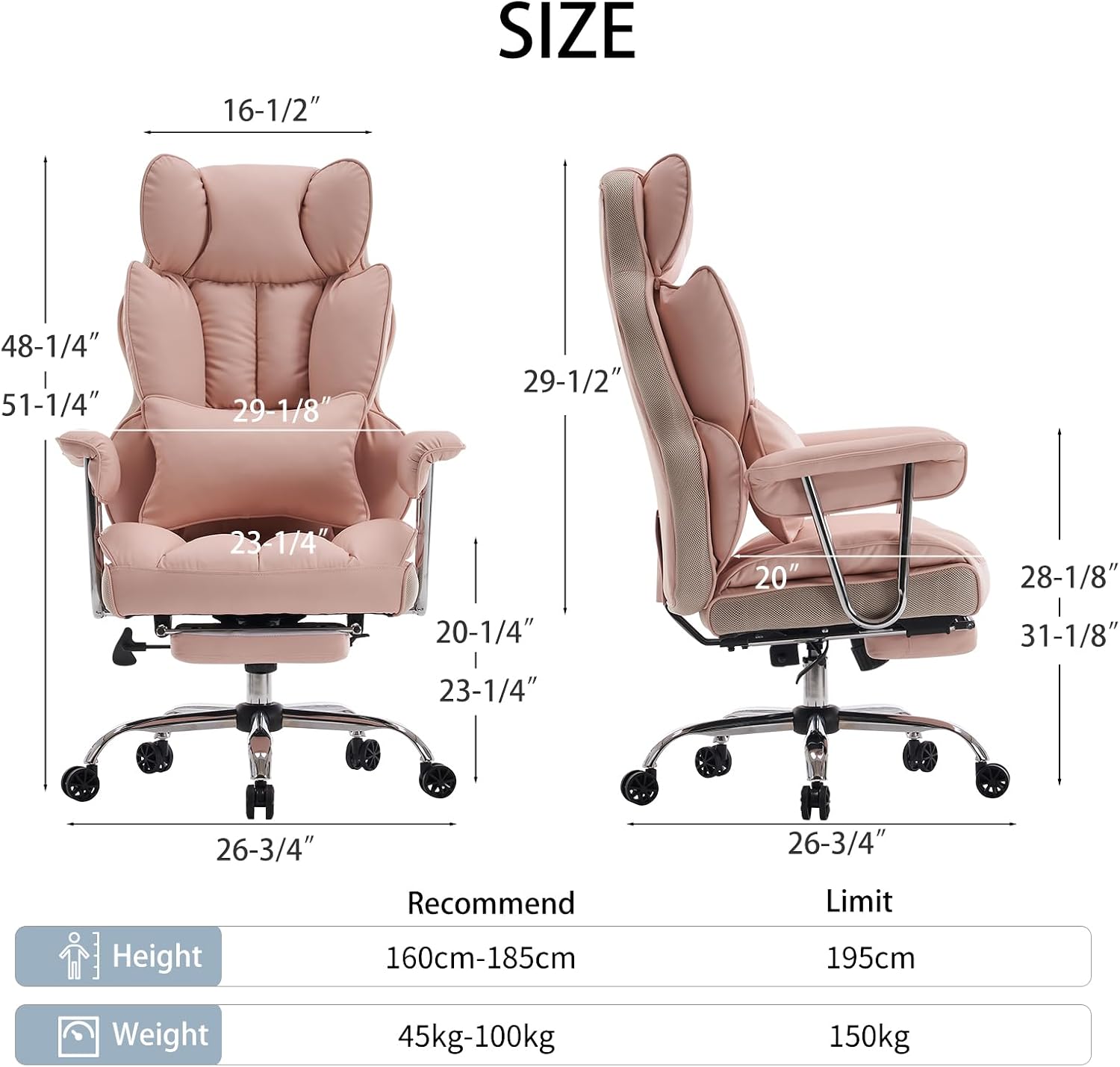 Efomao Big and Tall Office Chair, 400lbs Heavy Duty High Back Executive Chair with 23.6' Extra Wide Seat, PU Leather Desk Chair with Footrest and Padded Armrests, Pink