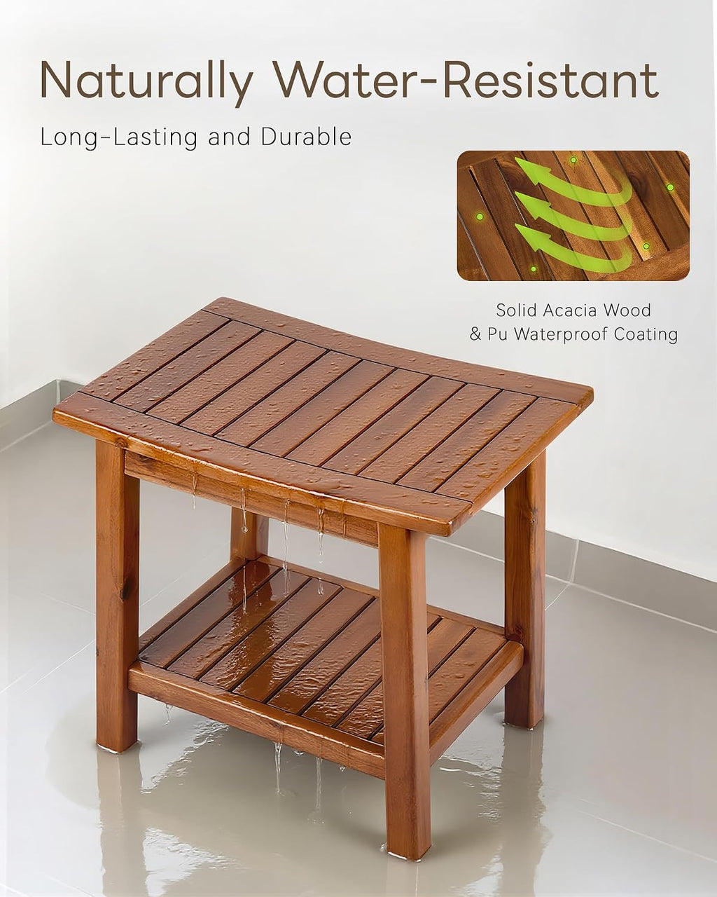 Upolana Outdoor Shower Bench, 20' Solid Acacia Wood Shower Stool Waterproof Shower Seat with Storage Shelf for Bathroom - SB001