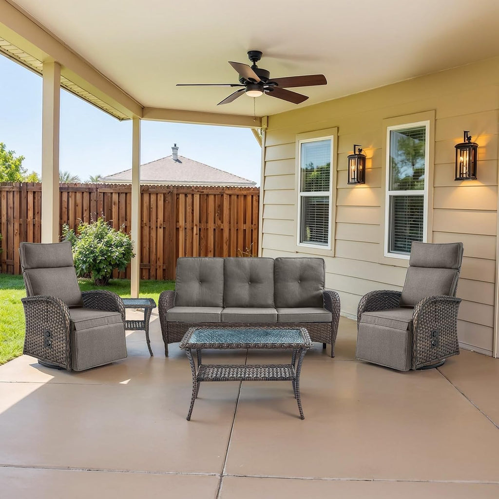 Dual-Adjust Swivel Outdoor Recliner Chair Set of 3 - Reclining Patio Chair with Adjustable Backrest and Footrest, All-Weather Wicker Chaise Lounge Outdoor with Side Table for Pool Deck Brown Grey