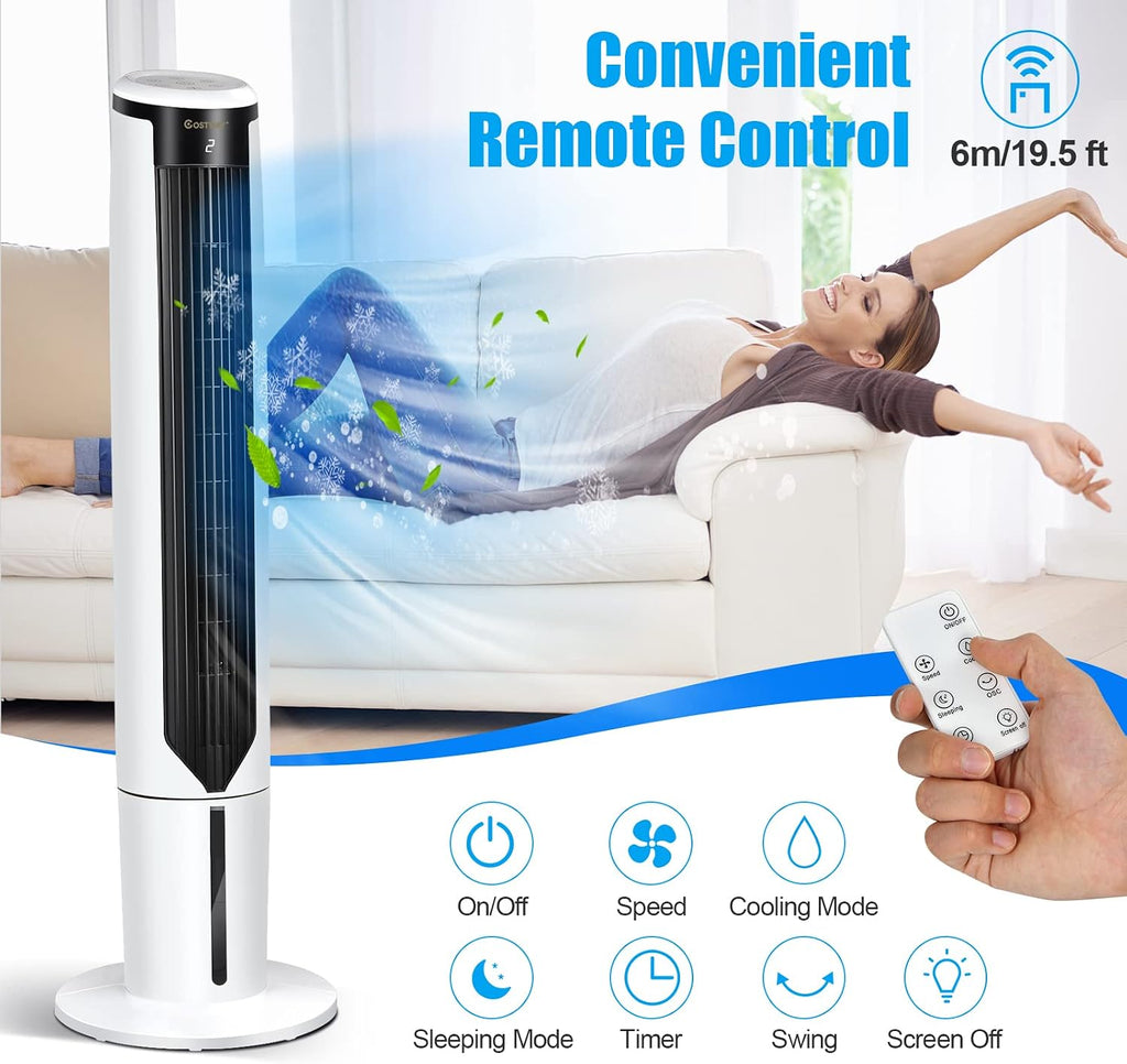 COSTWAY Evaporative Air Cooler, 41-inch Portable Oscillating Air Cooler with Remote, 3 Modes, 3 Speeds, LED Display, 9H Timer Auto-off, Quiet Standing Bladeless Tower Fan for Bedroom Home Office