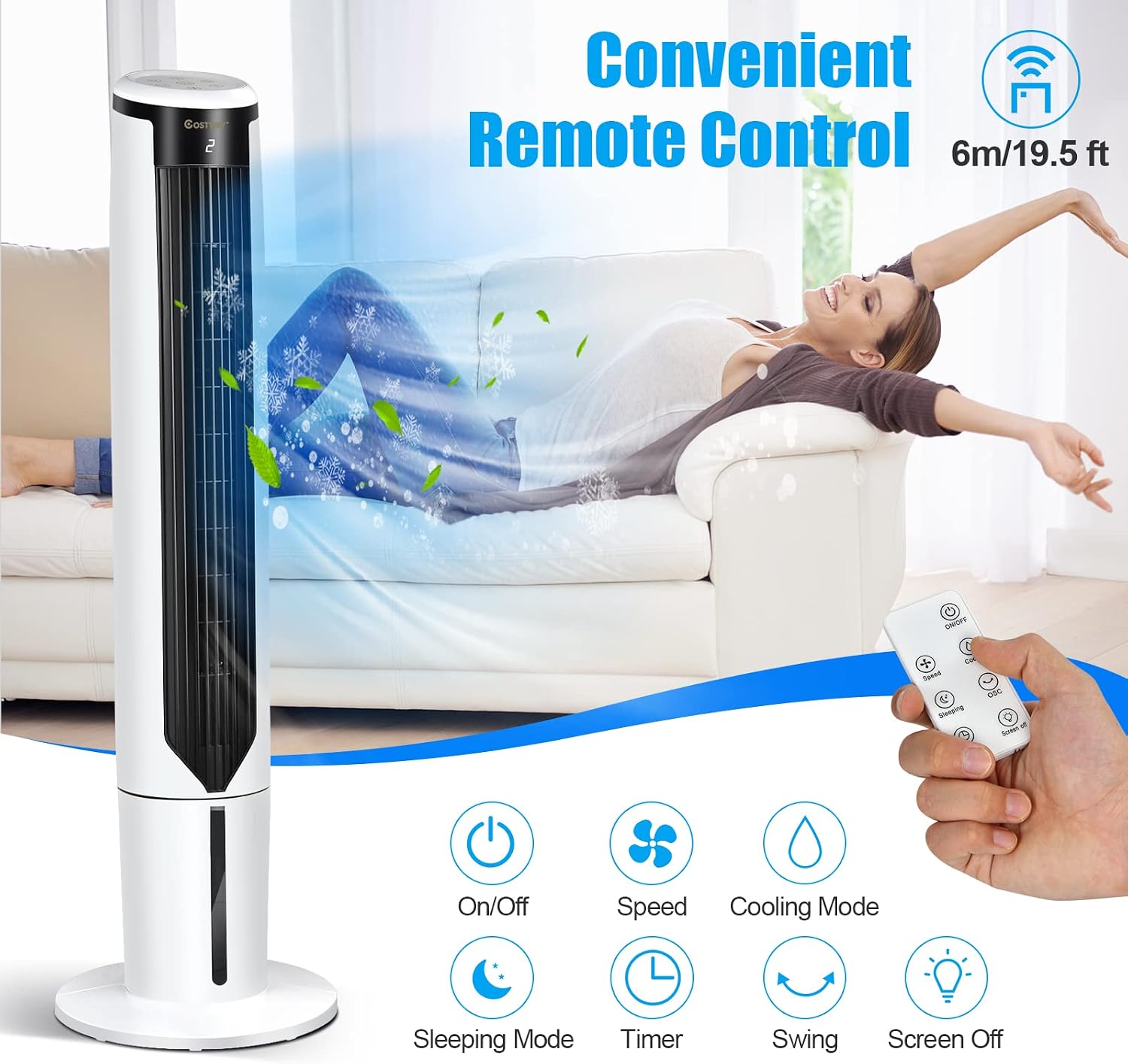 COSTWAY Evaporative Air Cooler, 41-inch Portable Oscillating Air Cooler with Remote, 3 Modes, 3 Speeds, LED Display, 9H Timer Auto-off, Quiet Standing Bladeless Tower Fan for Bedroom Home Office