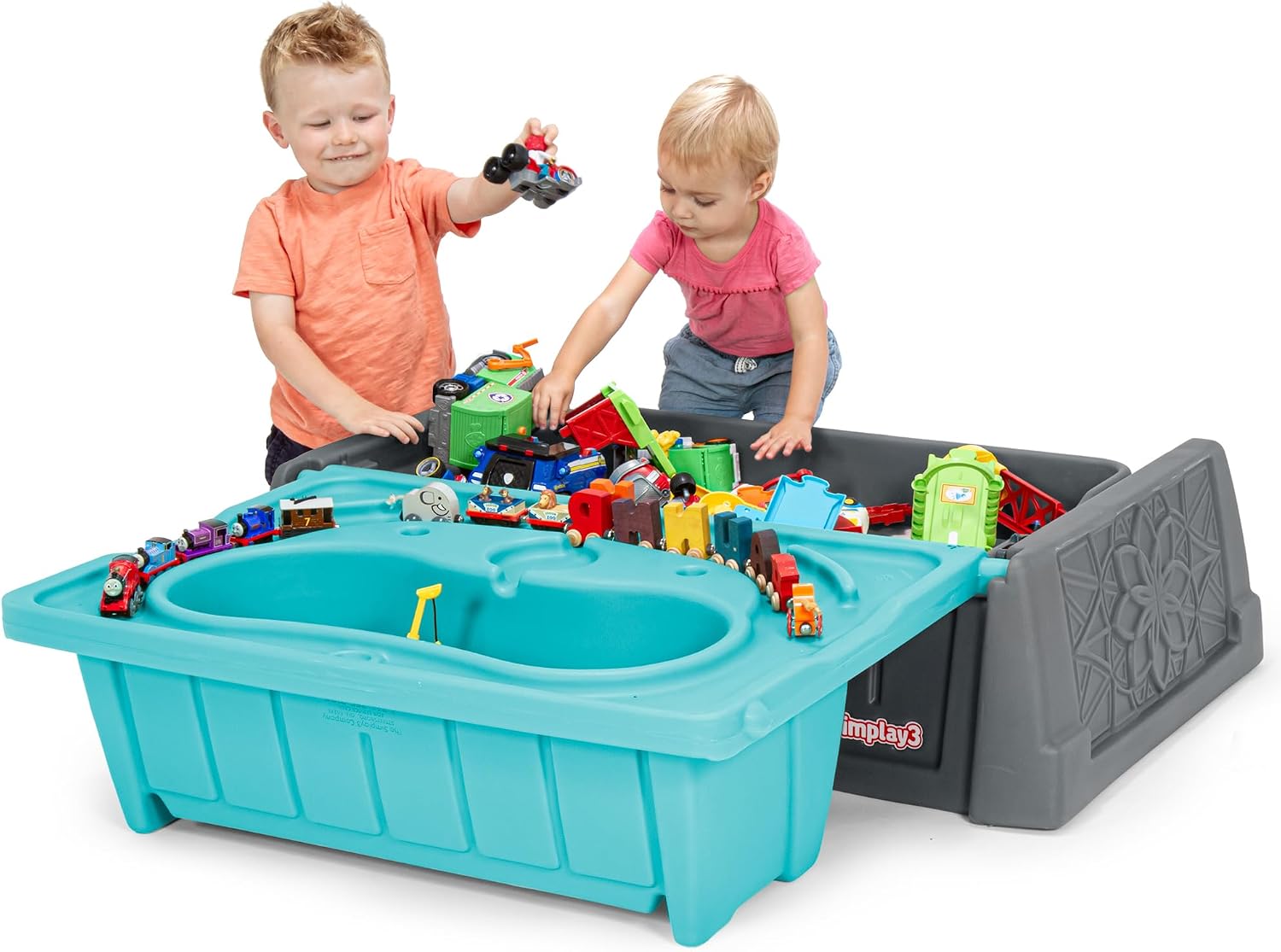 Simplay3 Sand and Water Kids Bench, 2-in-1 Sand and Water Table with Outdoor Storage Bench, Gray and Teal