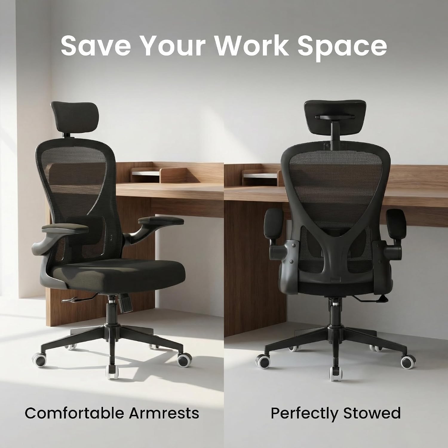 Monhey Office Chair Ergonomic Desk Chair with Lumbar Support&Headrest&Flip-up Arms Height Adjustable Rocking Swivel High Back Computer Chair Warm Taupe Mesh Study Chair (10black)