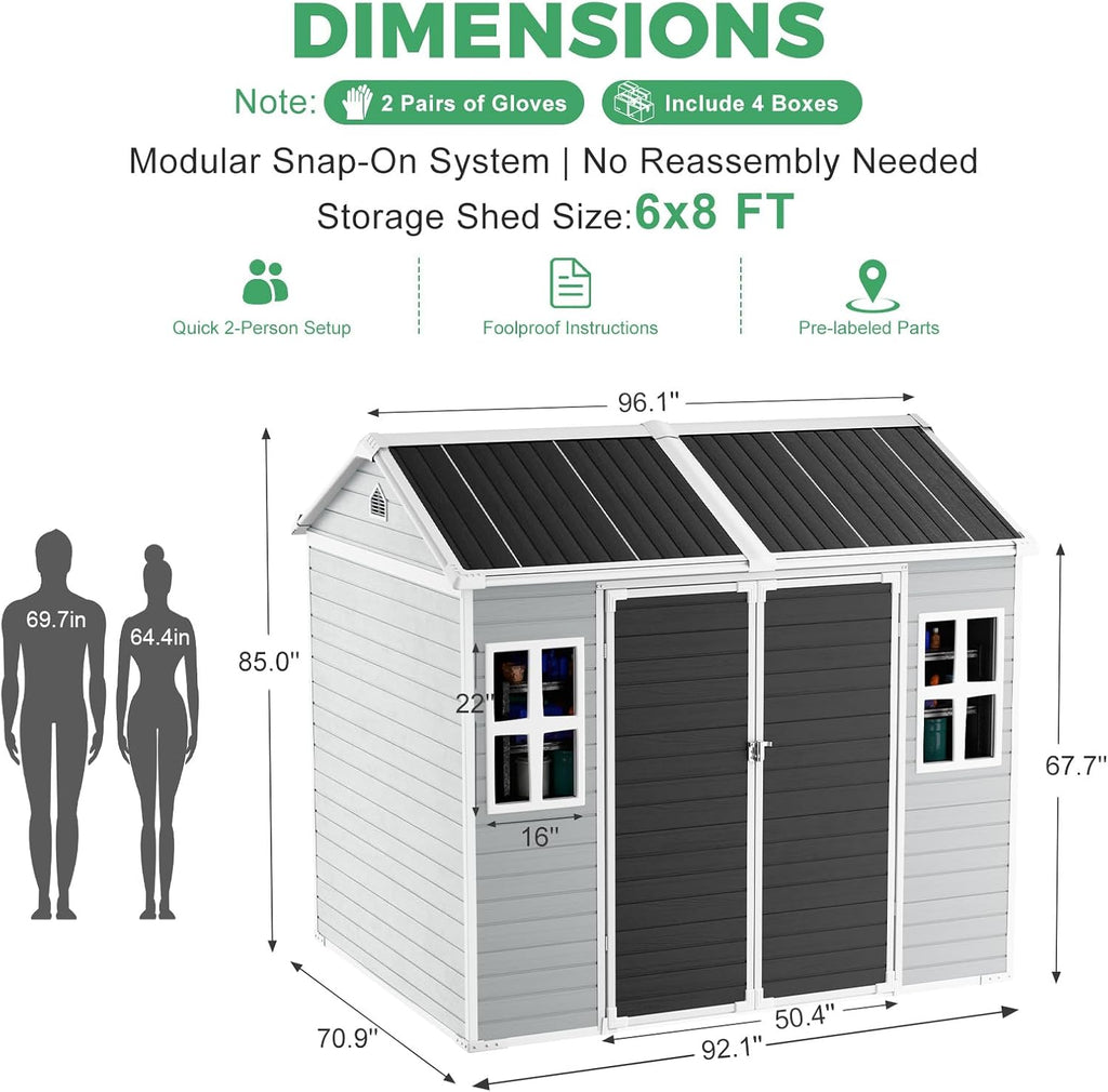 8x6 FT Plastic Storage Sheds Outdoor with Floor and Window, Utility All-Weather Resin Shed Easy to Install, Large Sheds & Outdoor Storage/Tool Shed for Garden Backyard Patio, Gray