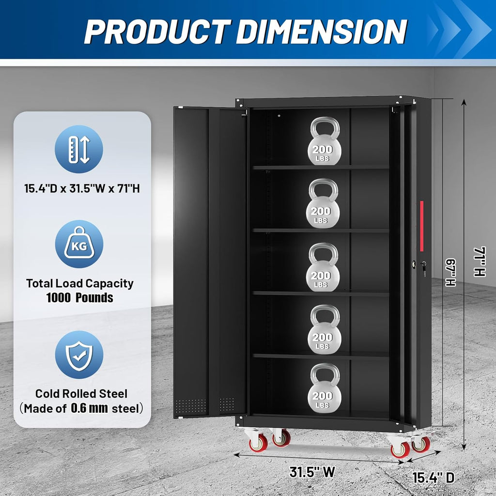 Metal Storage Cabinet with Wheels,71' Garage Cabinets with 4 Adjustable Shelves and Lockable Doors,Black Locking Cabinet Suitable for Garages,Home,Office