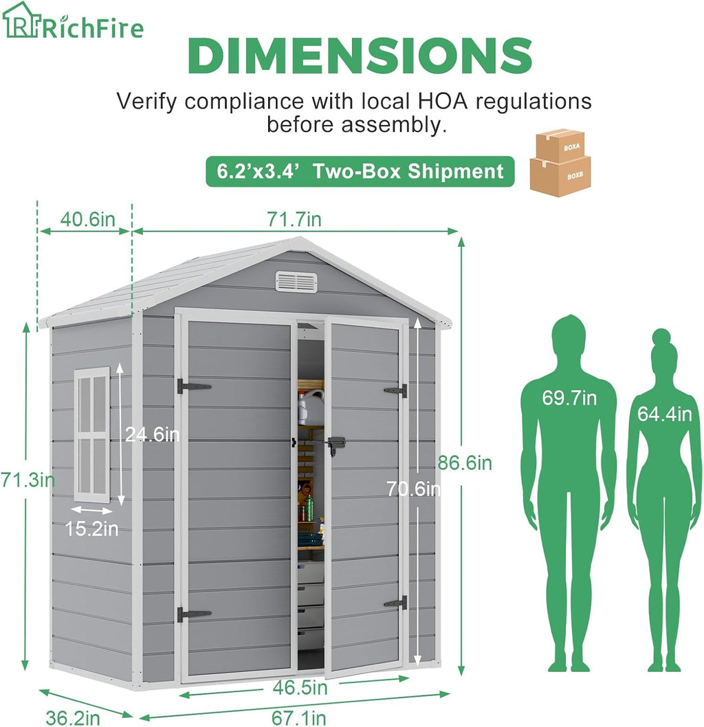 6x3 FT Plastic Outdoor Storage Shed with Floor and Lockable Door, All-Weather Resin Storage Shed Easy to Install, Garden Shed/Tool Shed for Backyard, Patio, Lawn
