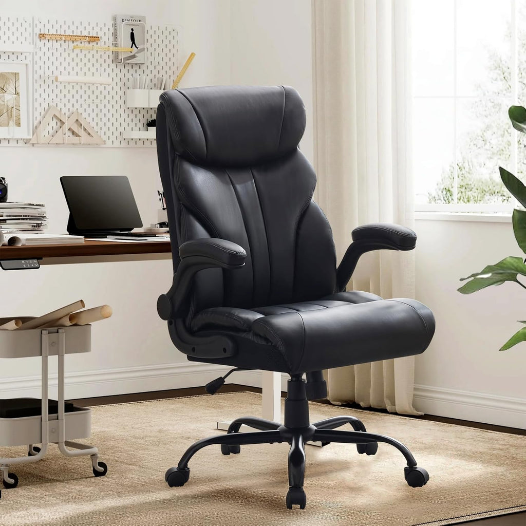 Comfortable Office Desk Chair 500 LBS, Big and Tall Office Chairs with Adjustable Flip-up Armrests,100-118°Recline Executive Leather Gaming Chair for Heavy People, Long Hours,Black