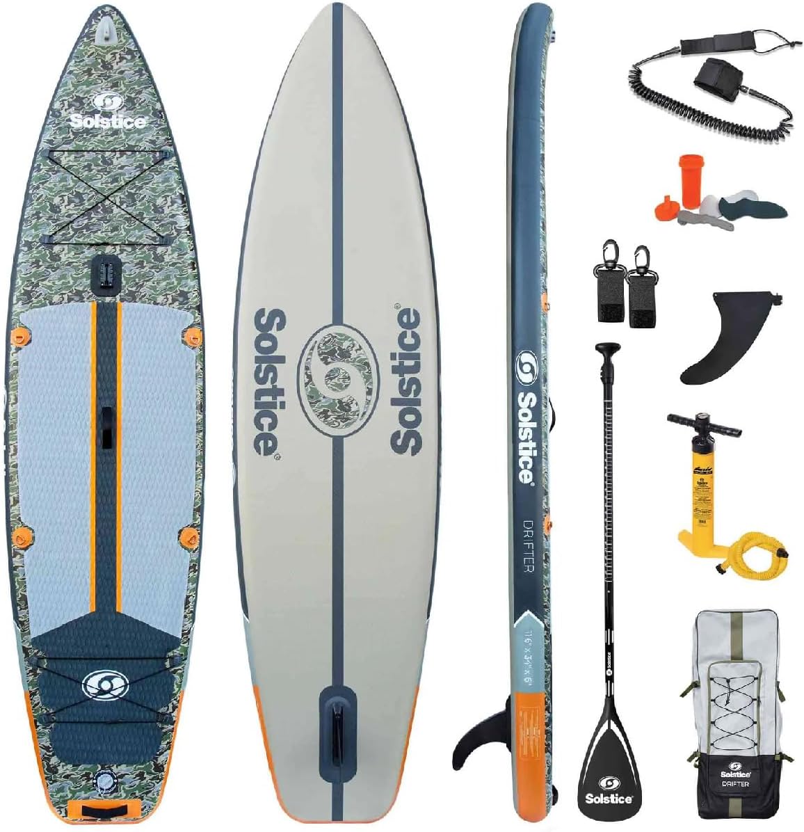 Solstice Drifter Inflatable Stand Up Paddle Board Kit | Yak Attack Accessory Mount | 11'6 x 34'' x 6'' | 350 Pound Capacity | Included Paddle Straps | Military Grade Materials, Green Camo (36116)