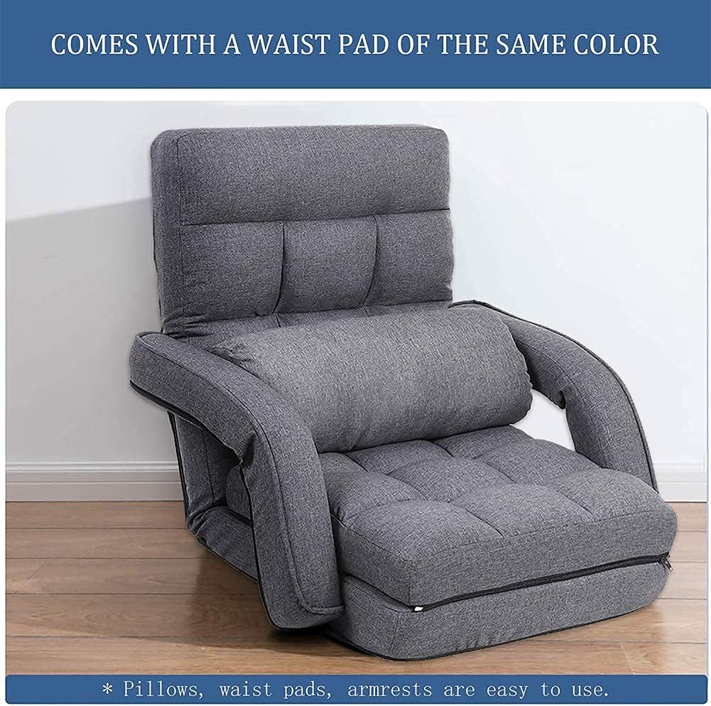 Indoor Floor Gaming Chairs for Adults with Back Support,Chaise Lounge, 14-Position Folding Lazy Sofa with Pillow for Living Room, Bedroom, Balcony(Grey) 8803GR