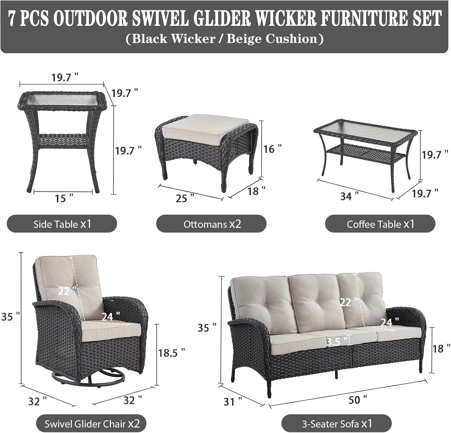 Belord Wicker Outdoor Furniture Set - 7 Piece Patio Conversation Sets with Comfort Swivel Rocker Glider Patio Chairs Set of 2 and Rattan Sofa, Tempered Glass Coffee Table and Side Table,Black/Beige