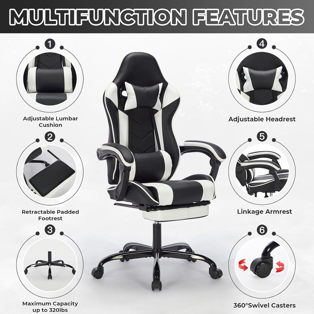 Gaming Chair with Footrest, Ergonomic Computer Chair with Headrest and Lumbar Support, Breathable Material Height Adjustable Swivel Video Game Chairs for Adults, 300lbs Max, Black & White