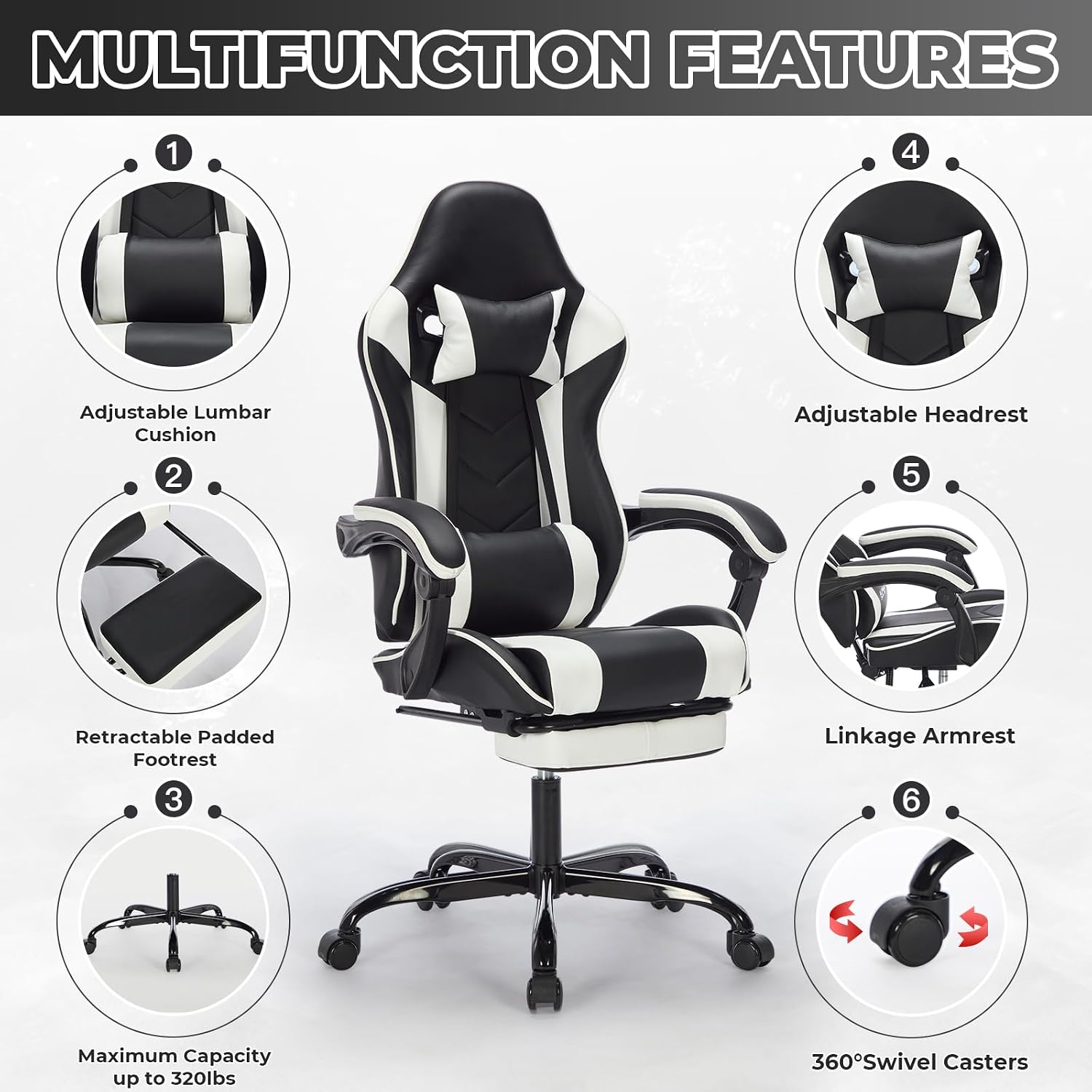 Gaming Chair with Footrest, Ergonomic Computer Chair with Headrest and Lumbar Support, Breathable Material Height Adjustable Swivel Video Game Chairs for Adults, 300lbs Max, Black & White
