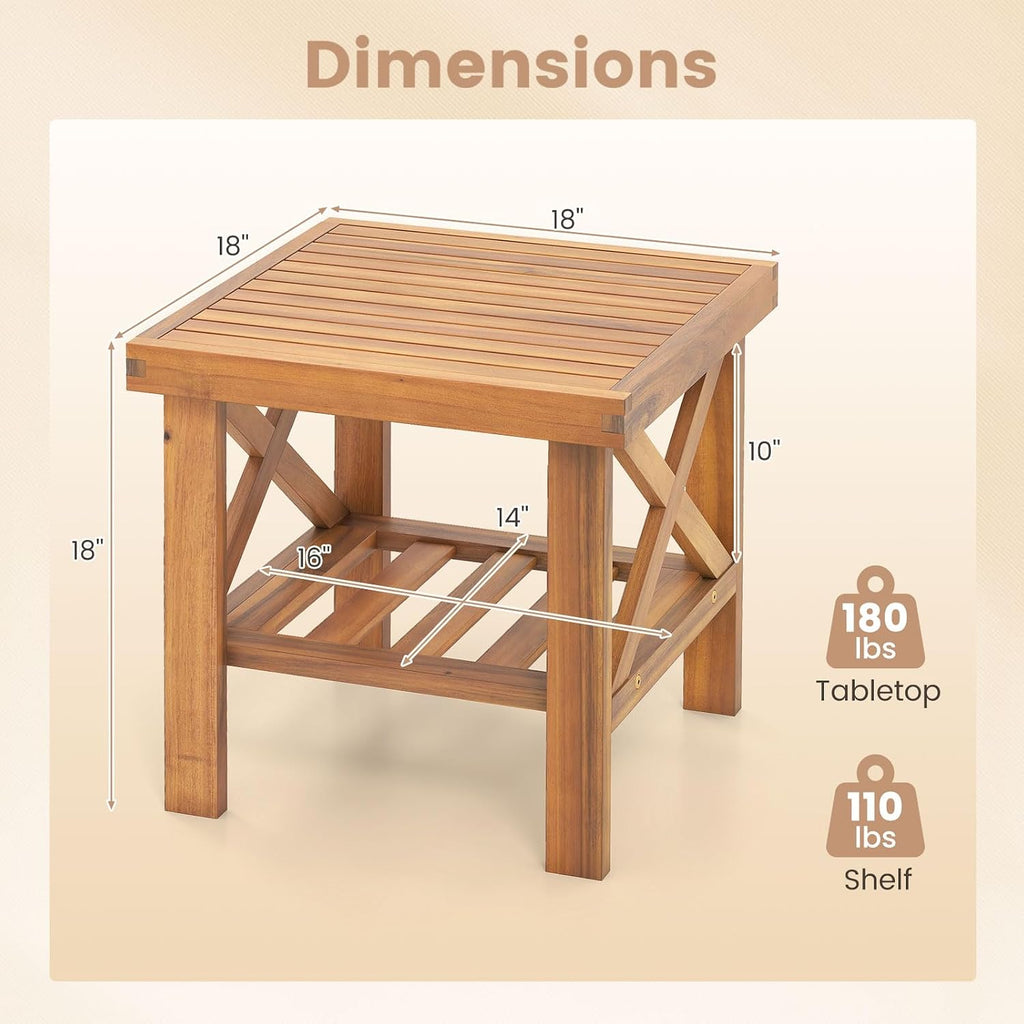 Tangkula Outdoor Side Table, 2-Tier Acacia Wood Adirondack Bistro Small Square Patio Table with Slatted Tabletop & Storage Shelf, for Yard, Deck, Garden, Poolside (2)