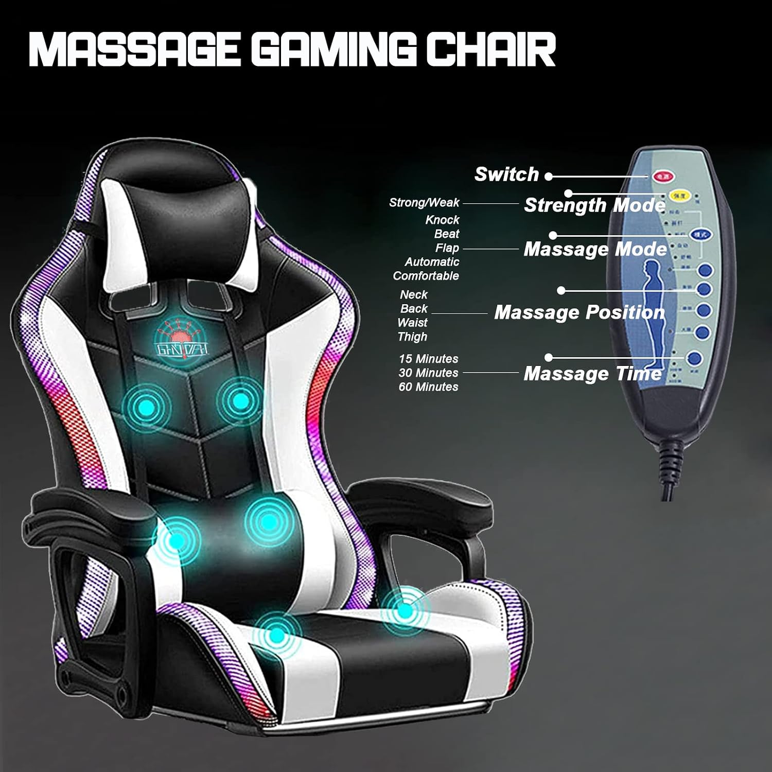 RGB Gaming Chair with Speakers, Massage Computer Chair Ergonomic Racing Game Chairs for Teens PU Leather Recliner Swivel Gamer Chair with Lumbar Support Headrest Armrest and Footrest,Black