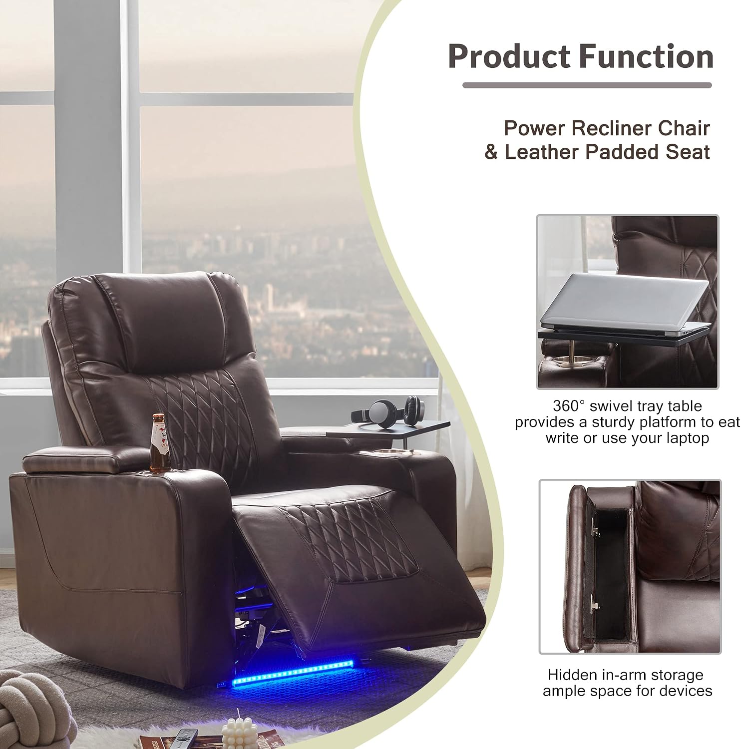 Merax Electric Recliner Chair with USB Charge Port, 360 Swivel Tray Table, Hand in-Arm Storage, and Cup Holders, Ambient Lighting - Ambient Lighting Gaming Recliner Chair Home Theater Seating (Brown)