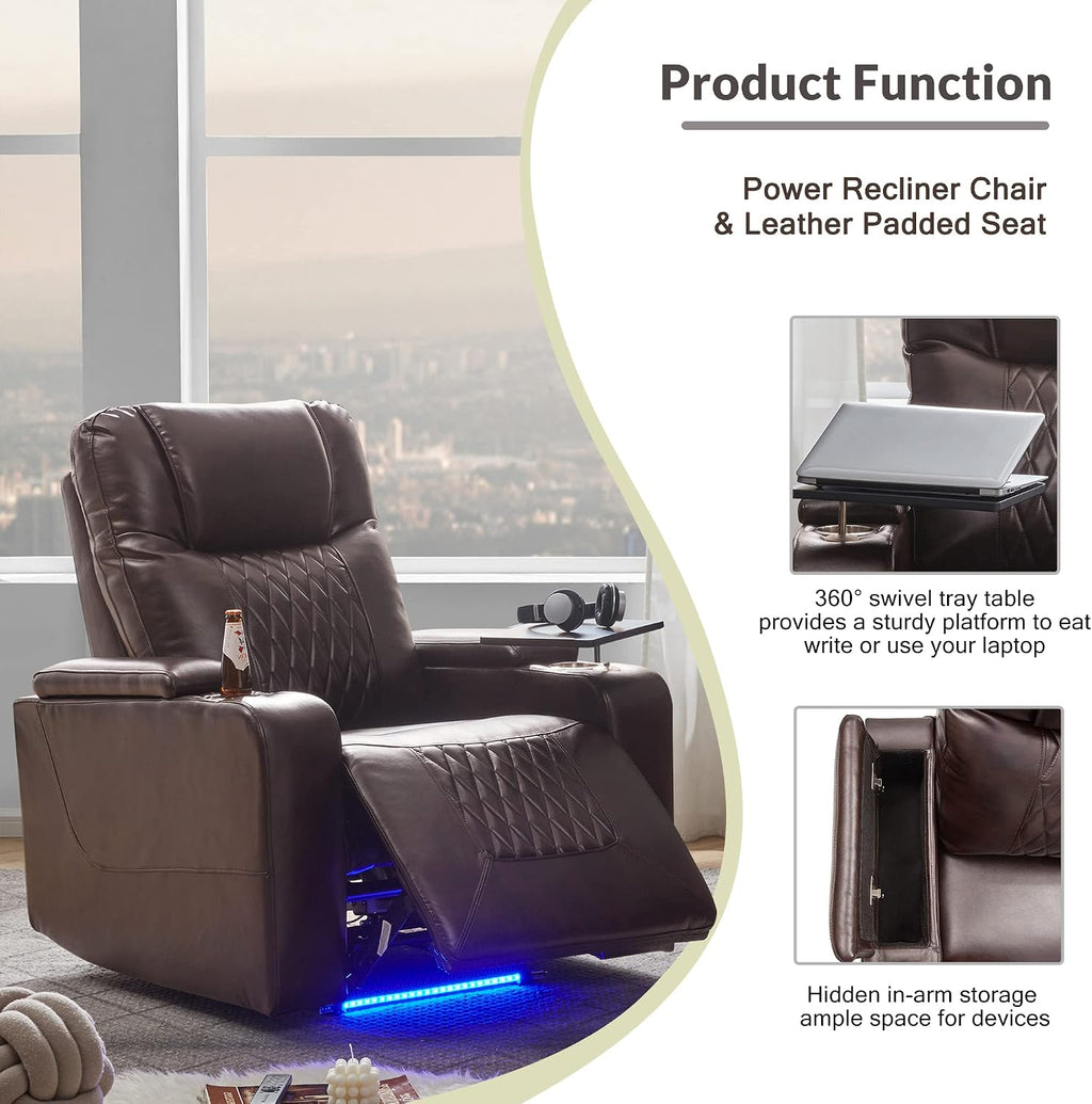 P PURLOVE Power Motion Recliner Chair for Home, PU Recliner Chair with USB Charging Port and Hidden Arm Storage 2 Convenient Cup Holders, Home Theater Seating with 360° Swivel Tray Table (Brown)