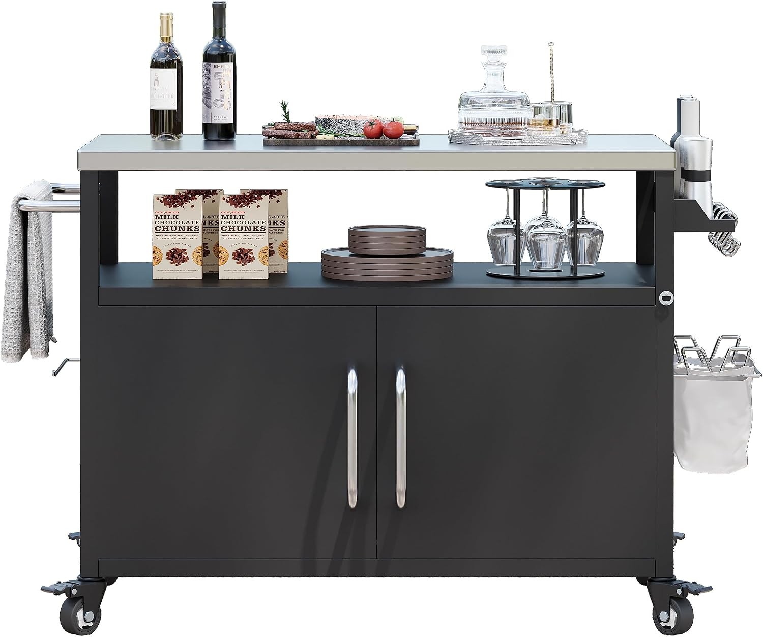 54.5' Outdoor Grill Cart with Storage Cabinet, Metal Grill Cart Table with Movable Universal Wheels and Stainless Steel Top, for Patio, Kitchen Prep, Grilling Accessories, Black