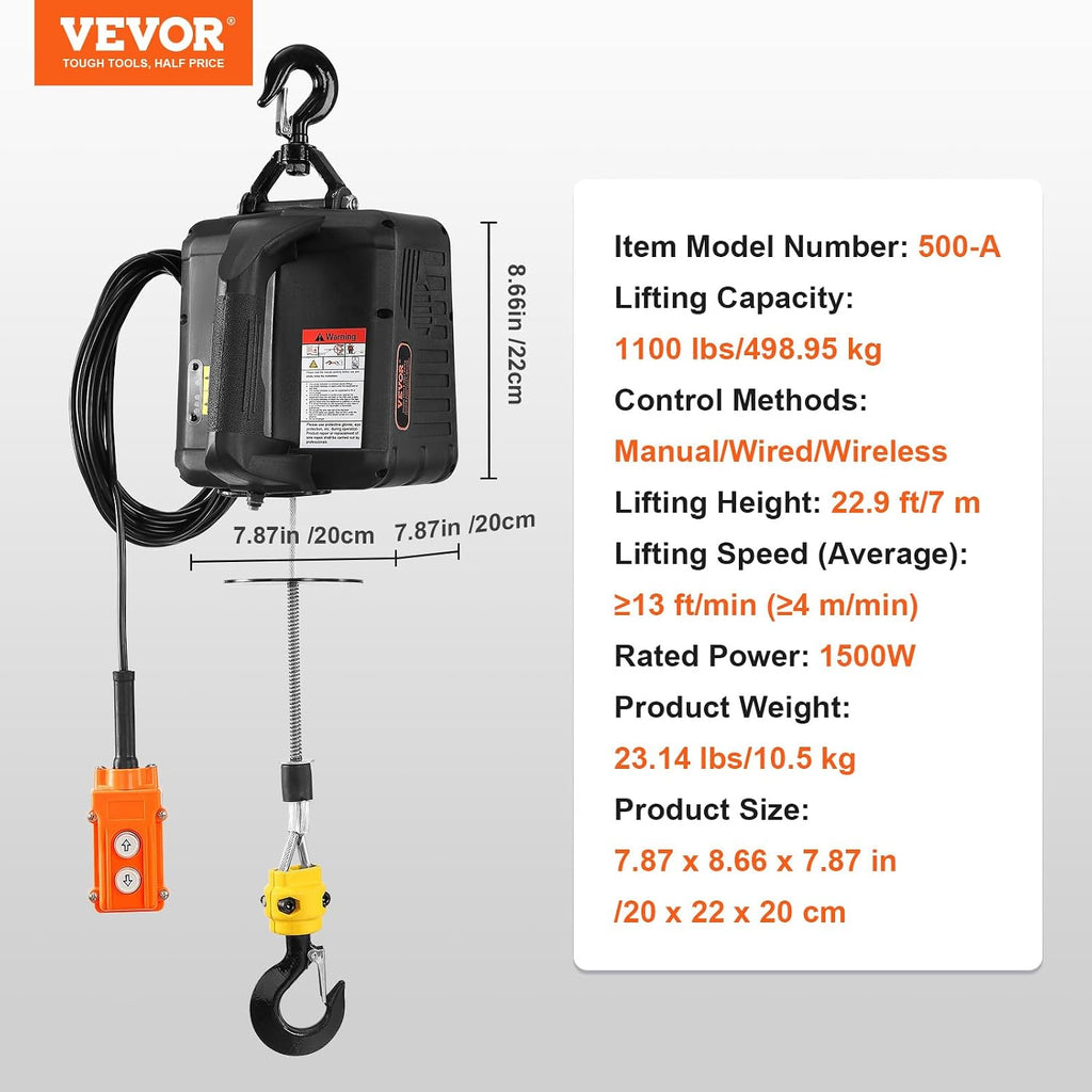VEVOR 3-in-1 Electric Hoist Winch, 1100lbs 1500W Portable Power Winch Crane, 110V/120V 22.9 ft Lifting Height, 13 ft/min with Manual, Wired and Wireless Remote Control, Overload Protection