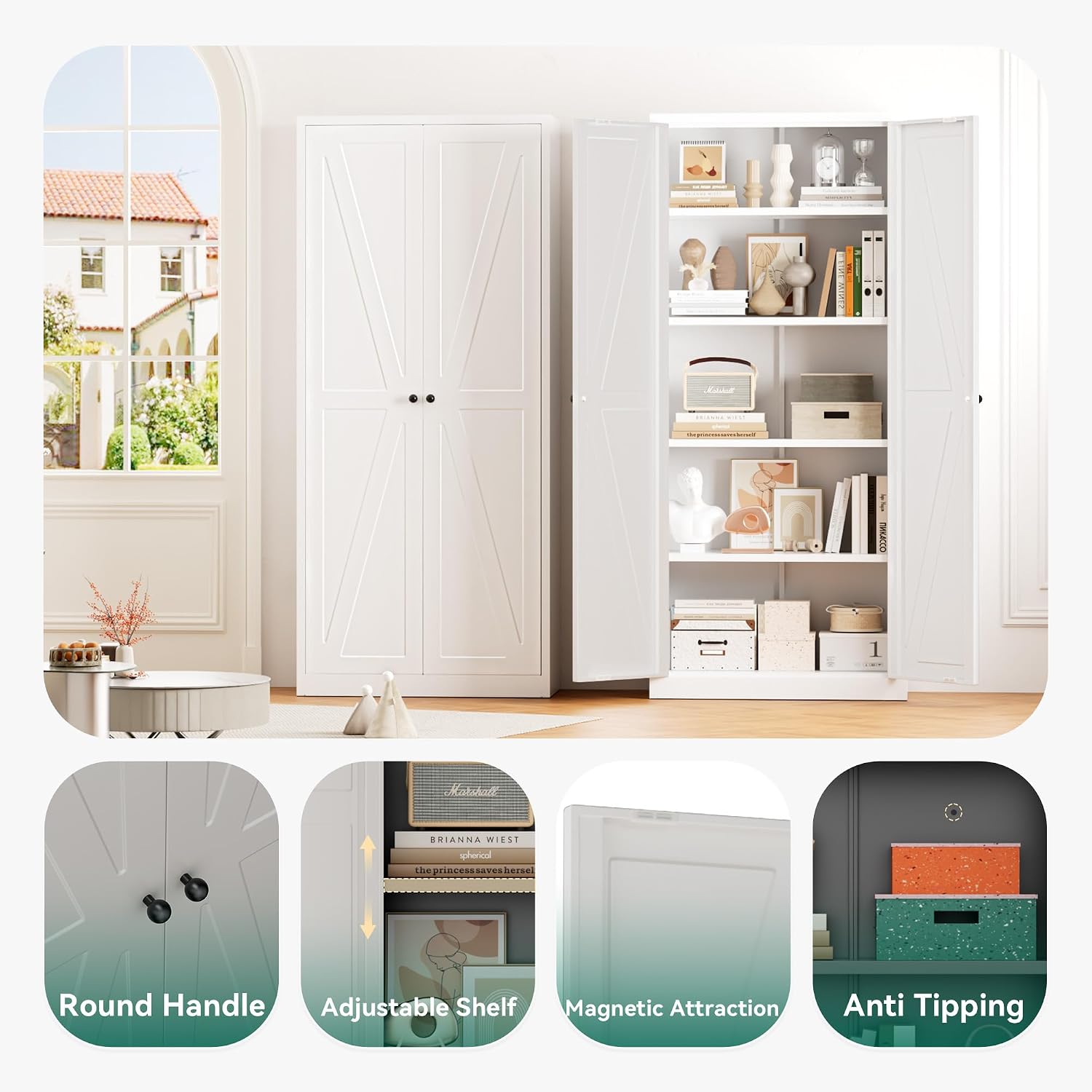 Greenvelly Metal Cabinet, 63' H White Metal Storage Cabinet with Doors and 4 Shelves, Pantry Storage Cabinet for Kitchen, Bedroom, Living Room, Office (Farmhouse)