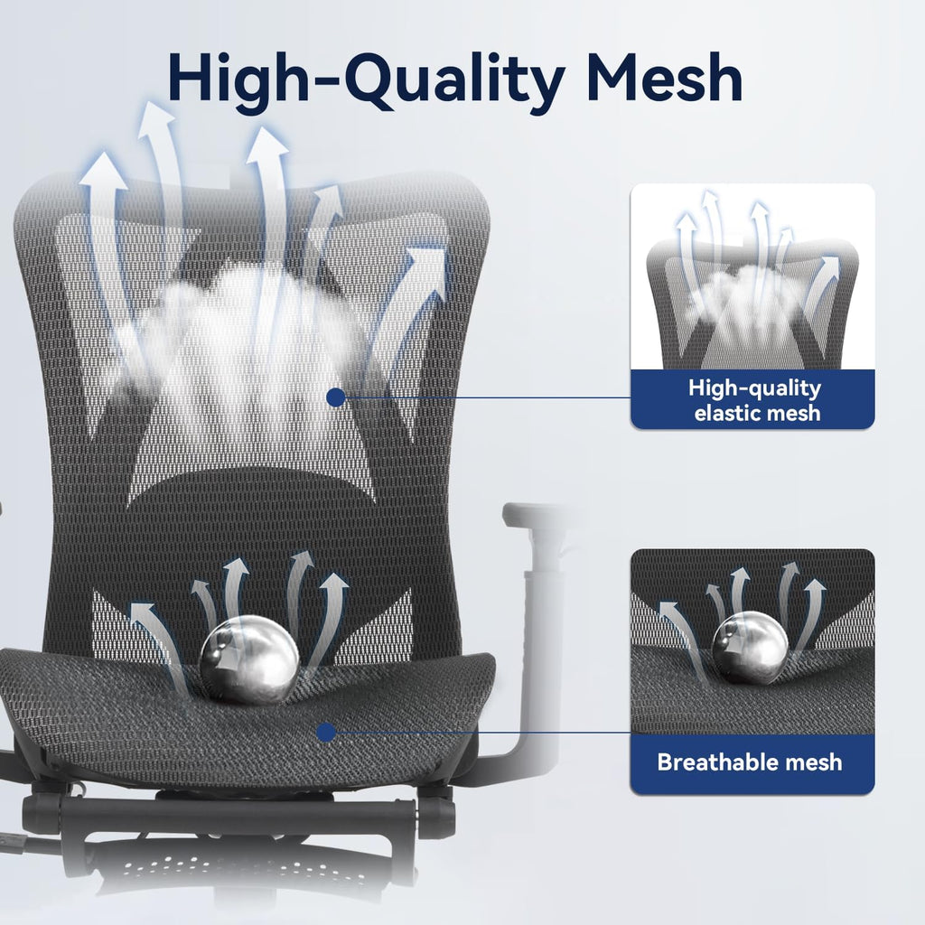 Ergonomic Office Chair, 3-Level Tilt Backrest, 3D Headrest, 3D Armrest and Retractable Footrest, Mesh Breathable SGS Class 4 Gas Clylinder, Black