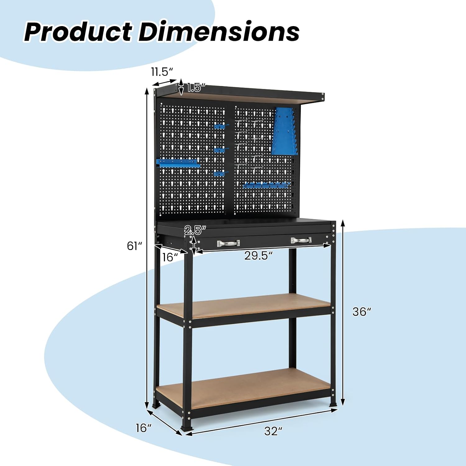 Goplus Workbench, Work Table with Drawer, Pegboard, Hanging Accessories, Topping Space, 4-Tier Heavy Duty Metal Tool Storage Bench, Work Benches for Garage, Workshop (Blue, 32' x 16' with Drawer)